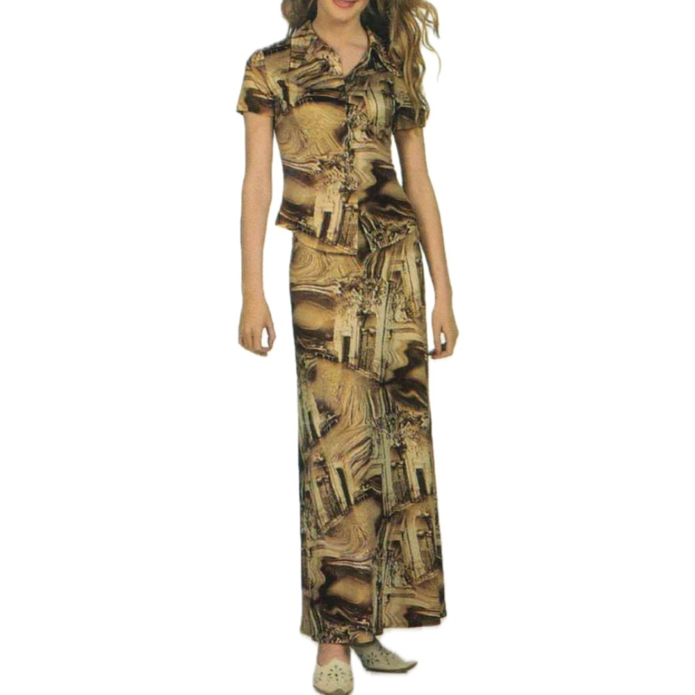Women's two-piece suit: short sleeve top and midi skirt. Size 8.